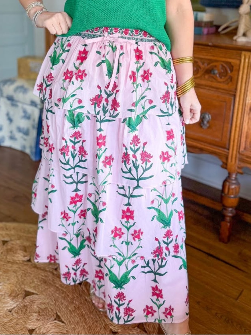 NWT cotton Pink Floral Tiered Maxi Skirt with flower Print